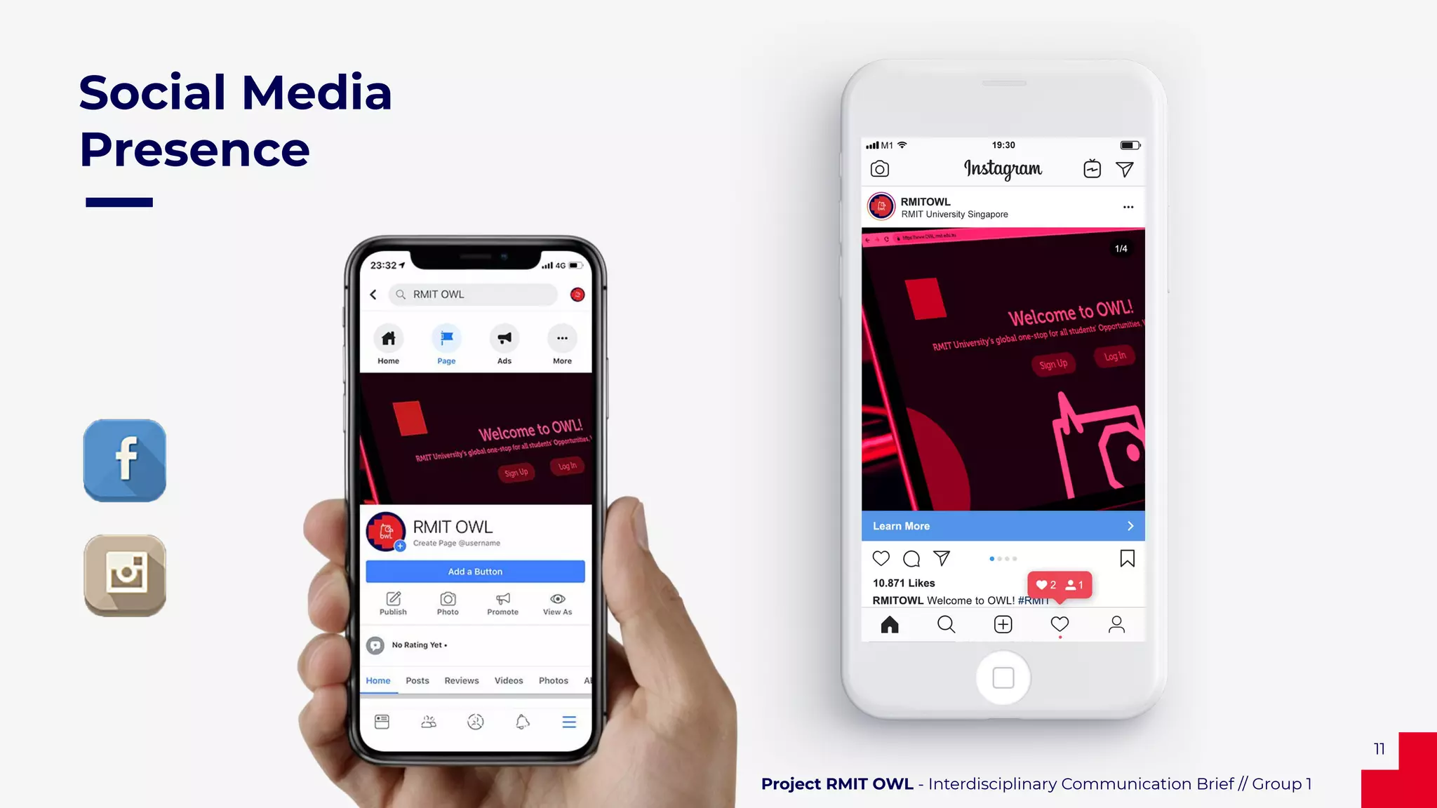 11
Project RMIT OWL - Interdisciplinary Communication Brief // Group 1
Social Media
Presence
 