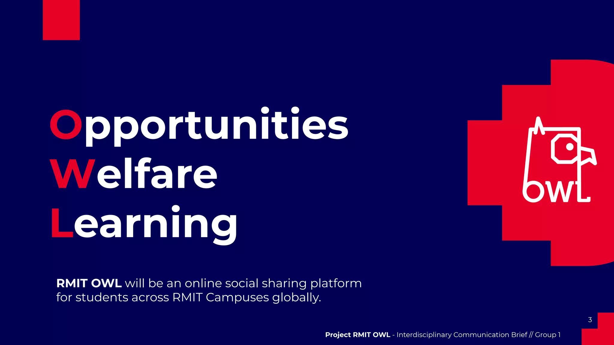 Opportunities
Welfare
Learning
RMIT OWL will be an online social sharing platform
for students across RMIT Campuses globally.
3
Project RMIT OWL - Interdisciplinary Communication Brief // Group 1
 