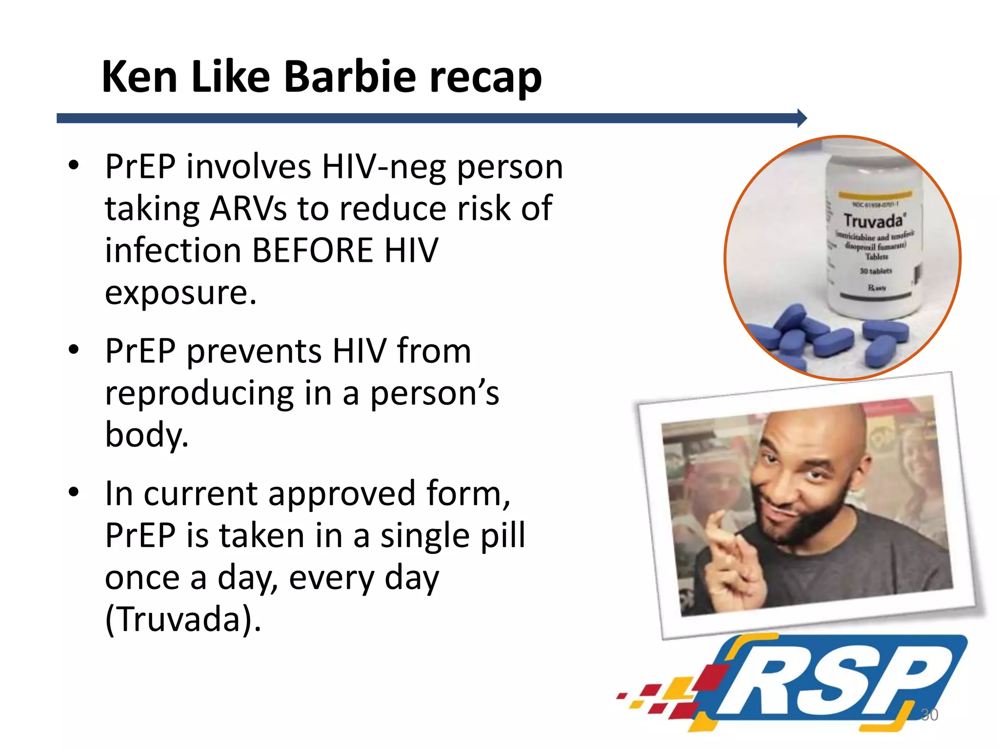 Ken Like Barbie recap
• PrEP involves HIV-neg person
taking ARVs to reduce risk of
infection BEFORE HIV
exposure.
• PrEP prevents HIV from
reproducing in a person’s
body.
• In current approved form,
PrEP is taken in a single pill
once a day, every day
(Truvada).
30

 