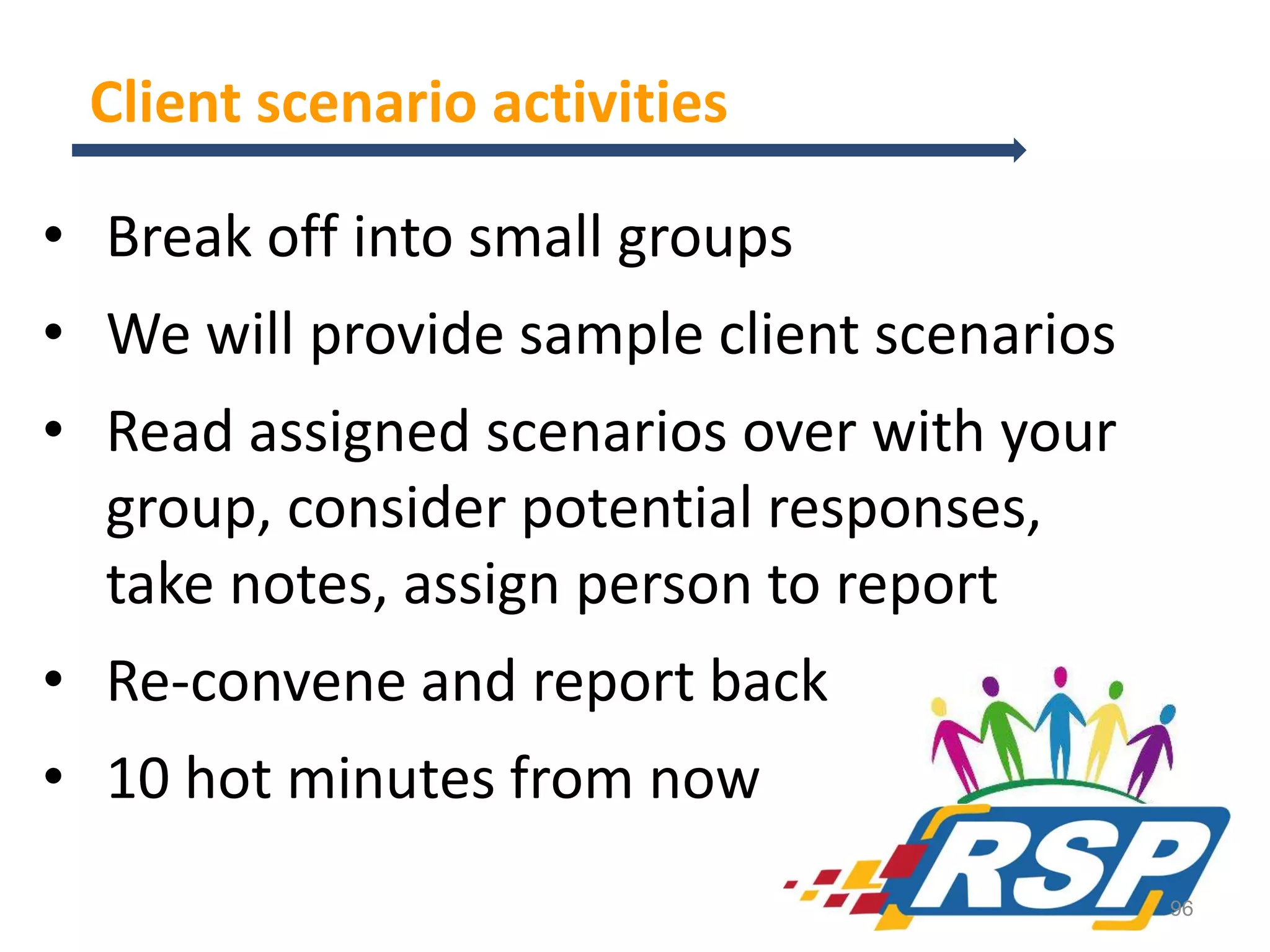 Client scenario activities
• Break off into small groups

• We will provide sample client scenarios
• Read assigned scenarios over with your
group, consider potential responses,
take notes, assign person to report
• Re-convene and report back

• 10 hot minutes from now
96

 