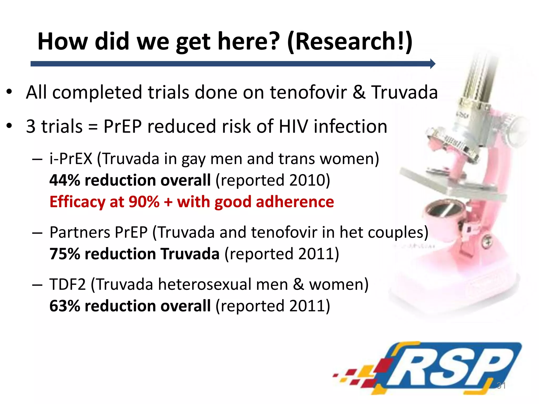How did we get here? (Research!)
• All completed trials done on tenofovir & Truvada
• 3 trials = PrEP reduced risk of HIV infection
– i-PrEX (Truvada in gay men and trans women)
44% reduction overall (reported 2010)
Efficacy at 90% + with good adherence
– Partners PrEP (Truvada and tenofovir in het couples)
75% reduction Truvada (reported 2011)
– TDF2 (Truvada heterosexual men & women)
63% reduction overall (reported 2011)
31
 