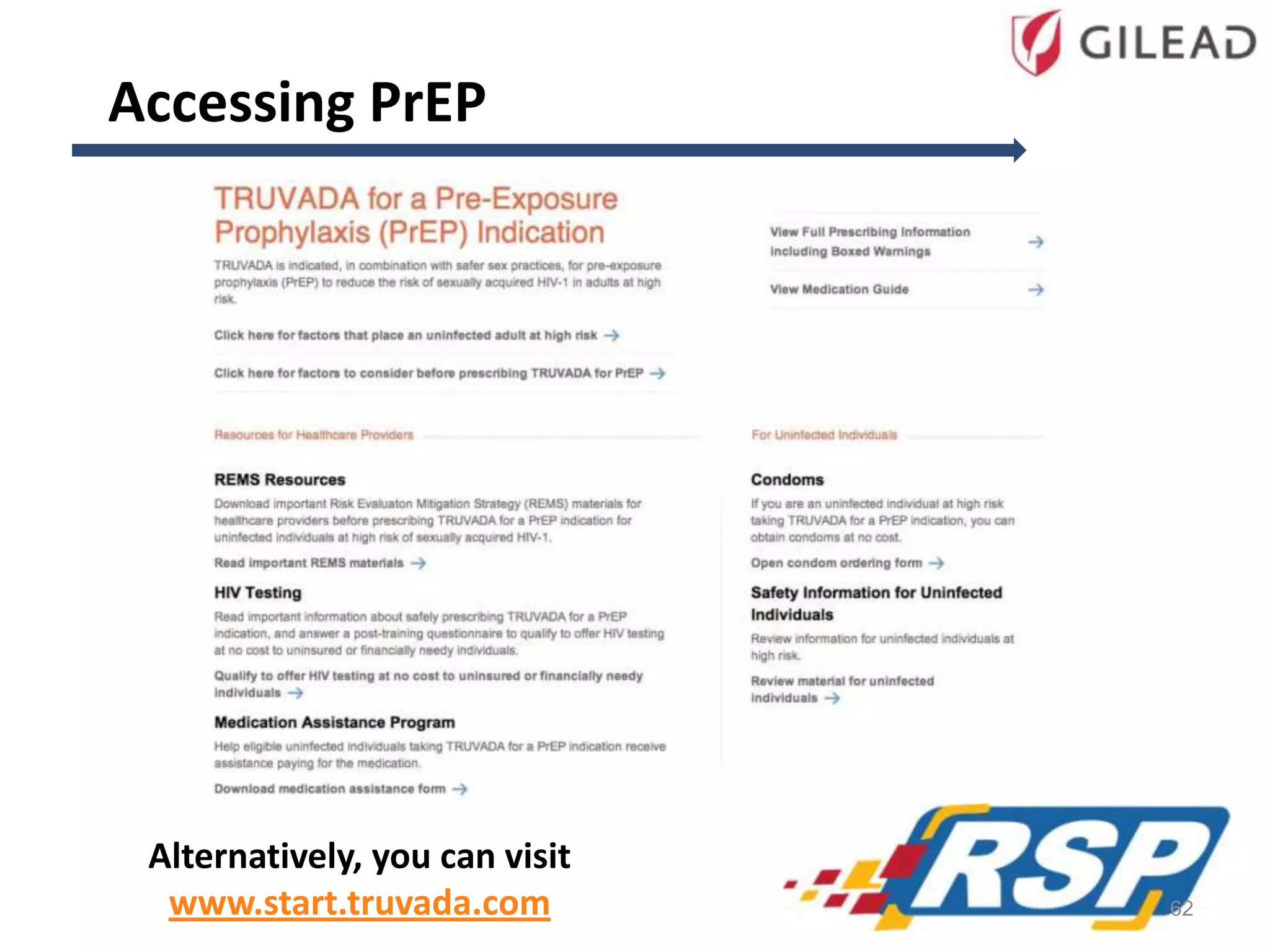 Alternatively, you can visit
www.start.truvada.com
Accessing PrEP
62
 