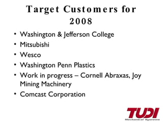 Target Customers for 2008 Washington & Jefferson College Mitsubishi  Wesco Washington Penn Plastics Work in progress – Cornell Abraxas, Joy Mining Machinery  Comcast Corporation 