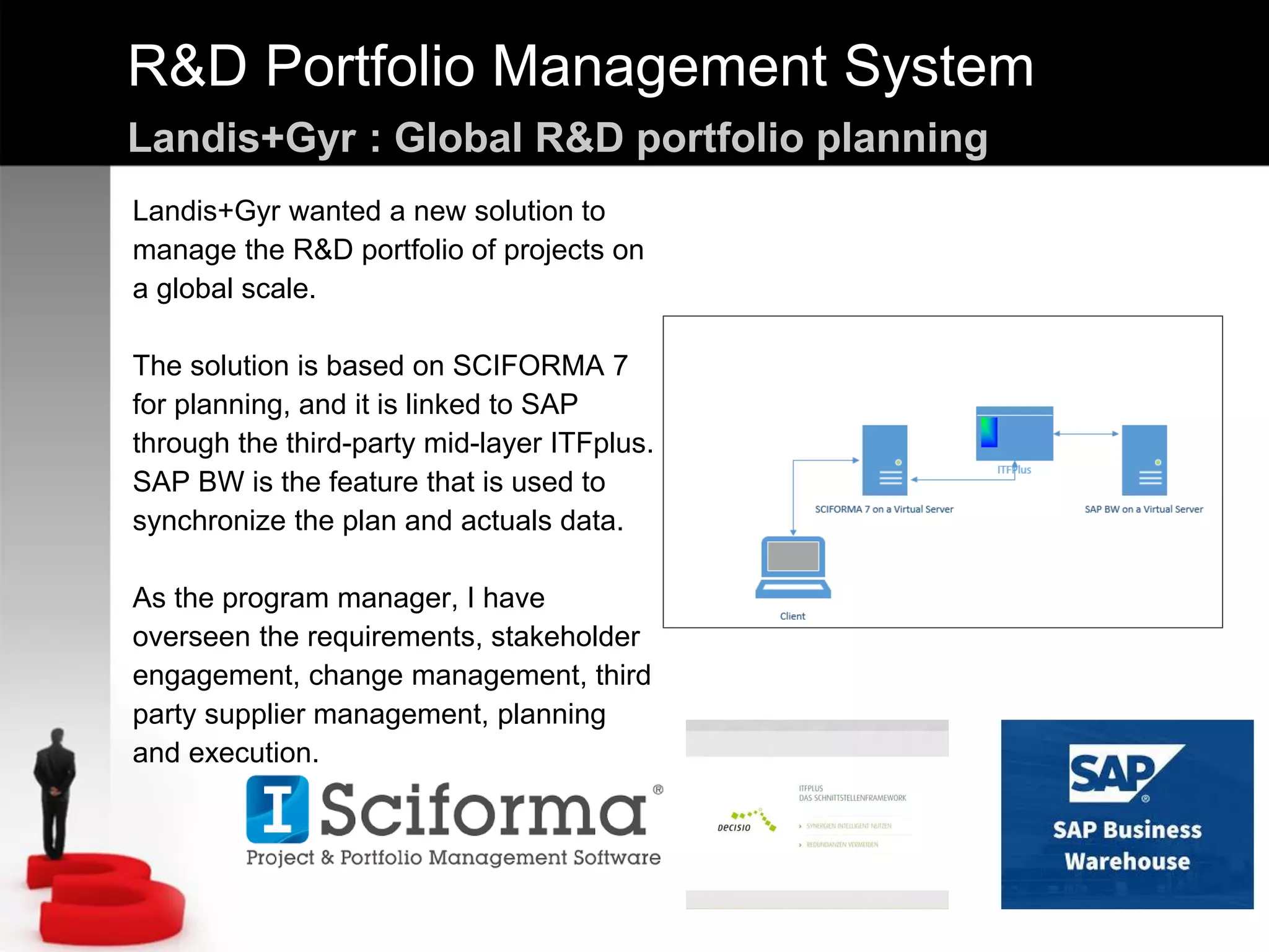 R&D Portfolio Management System
Landis+Gyr : Global R&D portfolio planning
Landis+Gyr wanted a new solution to
manage the R&D portfolio of projects on
a global scale.
The solution is based on SCIFORMA 7
for planning, and it is linked to SAP
through the third-party mid-layer ITFplus.
SAP BW is the feature that is used to
synchronize the plan and actuals data.
As the program manager, I have
overseen the requirements, stakeholder
engagement, change management, third
party supplier management, planning
and execution.
 