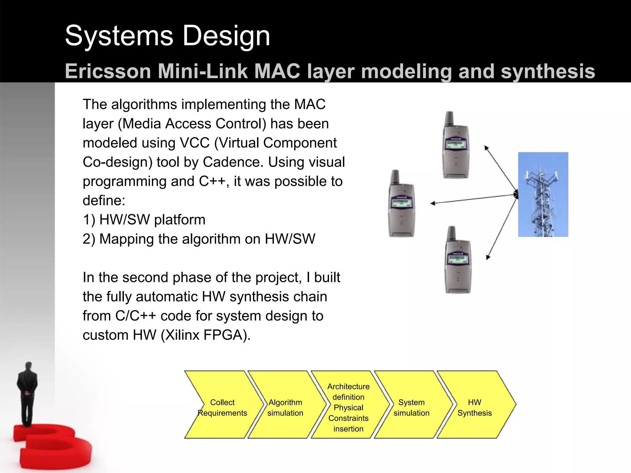 Systems Design
Ericsson Mini-Link MAC layer modeling and synthesis
The algorithms implementing the MAC
layer (Media Access Control) has been
modeled using VCC (Virtual Component
Co-design) tool by Cadence. Using visual
programming and C++, it was possible to
define:
1) HW/SW platform
2) Mapping the algorithm on HW/SW
In the second phase of the project, I built
the fully automatic HW synthesis chain
from C/C++ code for system design to
custom HW (Xilinx FPGA).
Collect
Requirements
Algorithm
simulation
Architecture
definition
Physical
Constraints
insertion
System
simulation
HW
Synthesis
 