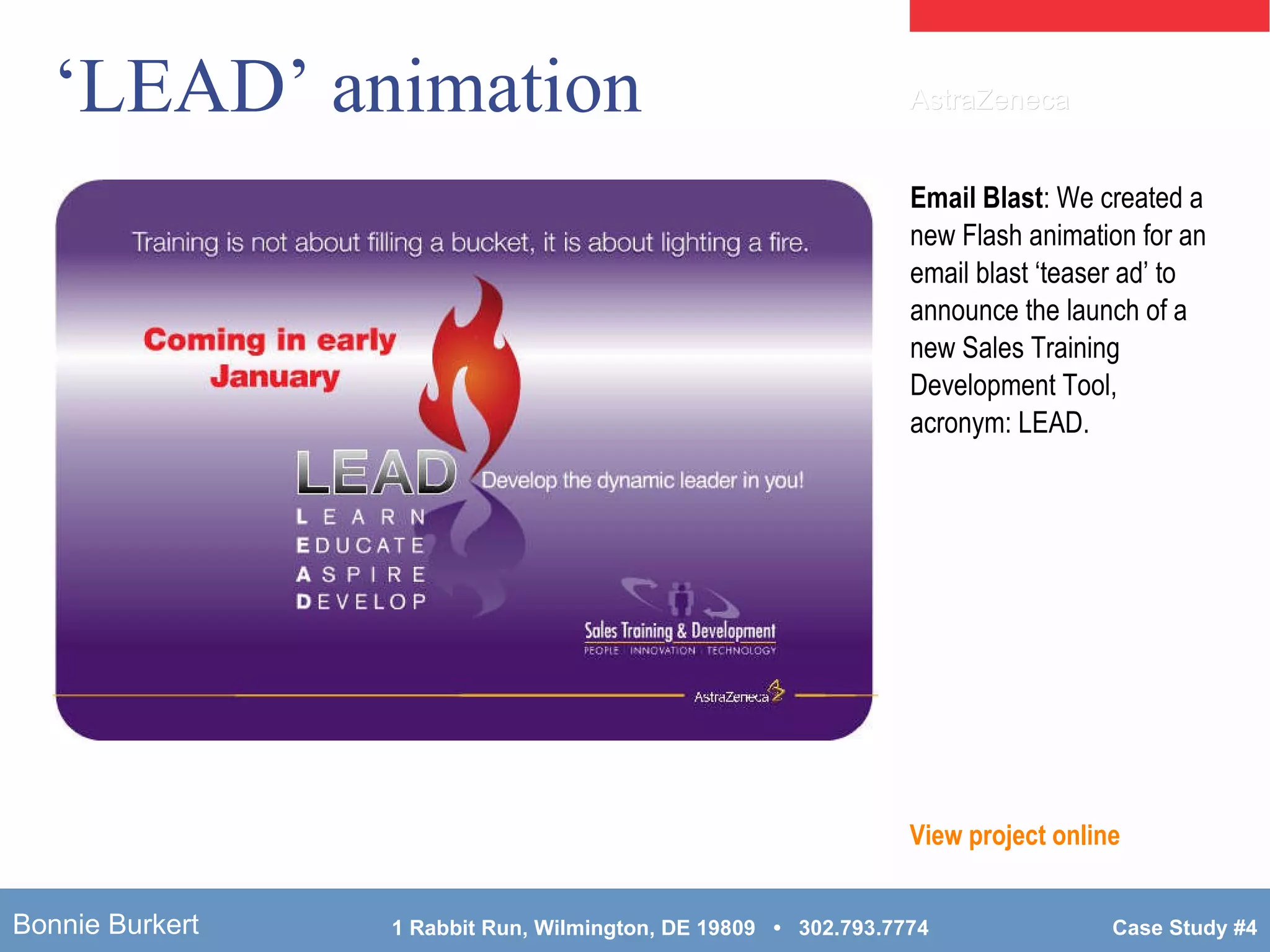 ‘LEAD’ animation Email Blast : We created a new Flash animation for an email blast ‘teaser ad’ to announce the launch of a new Sales Training Development Tool, acronym: LEAD. View project online AstraZeneca 