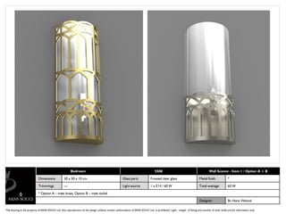 Bedroom                                                                  5508                                            Wall Sconce - Item 1 / Option A + B

                            Dimensions             20 x 50 x 10 cm                                    Glass parts              Frosted clear glass                       Metal finish             *

                            Trimmings              ---                                                Light source             1 x E14 / 60 W                            Total wattage            60 W

                            * Option A – matt brass; Option B – matt nickel

                                                                                                                                                                         Designer                 Bc.Hana Vítková

The drawing is the property of SANS SOUCI Ltd. Any reproduction of this design without written authorization of SANS SOUCI Ltd. Is prohibited. Light, weight of fitting and number of inner bulbs are for information only.
 