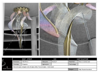 BOAT – ATRIUM                                                     5455                    LIGHT SCULPTURE

Dimensions        530x750 cm                                 Glass parts         Rainbow*   Metal finish      Brass or stainless steel

Trimmings         Octagones                                  Light source                   Total wattage

Decorative glass rods;glass rods with glass cullets; *structural glass – metal coated

                                                                                            Designer          MgA. Marcela Vavrušková
 