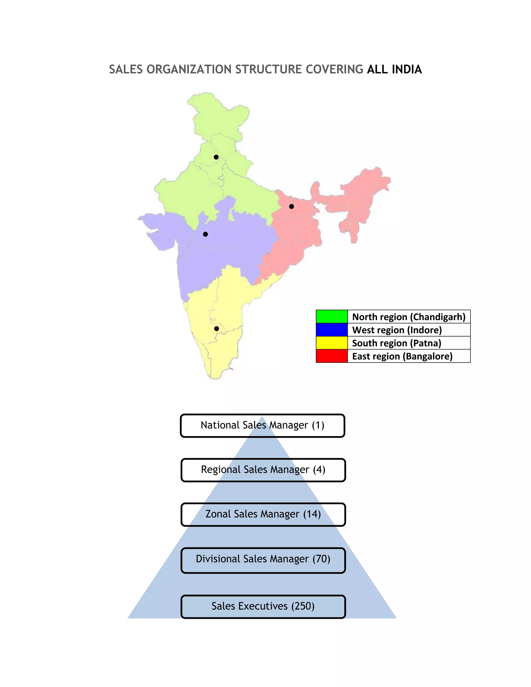 SALES ORGANIZATION STRUCTURE COVERING ALL INDIA




                                             North region (Chandigarh)
                                             West region (Indore)
                                             South region (Patna)
                                             East region (Bangalore)




              National Sales Manager (1)



              Regional Sales Manager (4)



               Zonal Sales Manager (14)



             Divisional Sales Manager (70)



                Sales Executives (250)
 