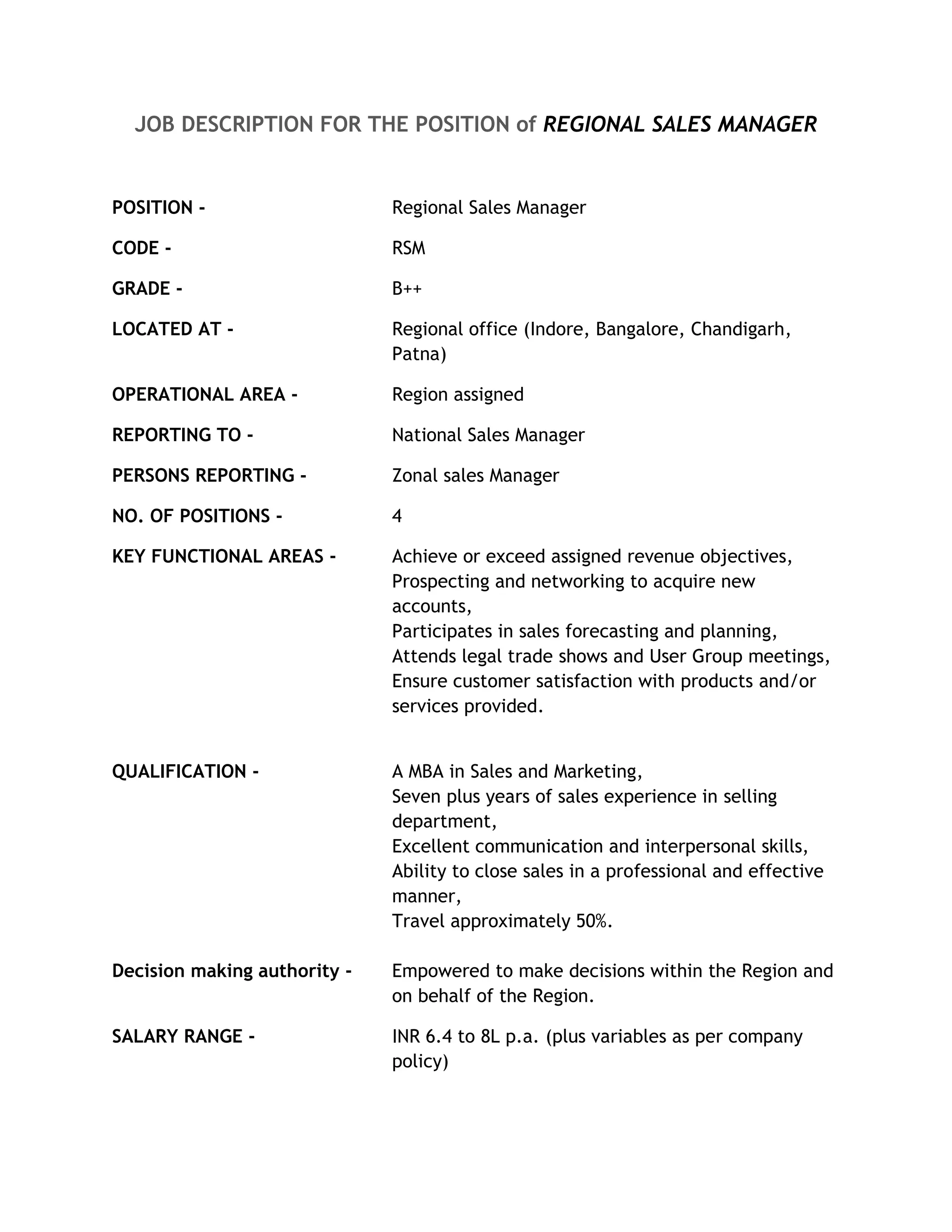 JOB DESCRIPTION FOR THE POSITION of REGIONAL SALES MANAGER


POSITION -                    Regional Sales Manager

CODE -                        RSM

GRADE -                       B++

LOCATED AT -                  Regional office (Indore, Bangalore, Chandigarh,
                              Patna)

OPERATIONAL AREA -            Region assigned

REPORTING TO -                National Sales Manager

PERSONS REPORTING -           Zonal sales Manager

NO. OF POSITIONS -            4

KEY FUNCTIONAL AREAS -        Achieve or exceed assigned revenue objectives,
                              Prospecting and networking to acquire new
                              accounts,
                              Participates in sales forecasting and planning,
                              Attends legal trade shows and User Group meetings,
                              Ensure customer satisfaction with products and/or
                              services provided.


QUALIFICATION -               A MBA in Sales and Marketing,
                              Seven plus years of sales experience in selling
                              department,
                              Excellent communication and interpersonal skills,
                              Ability to close sales in a professional and effective
                              manner,
                              Travel approximately 50%.

Decision making authority -   Empowered to make decisions within the Region and
                              on behalf of the Region.

SALARY RANGE -                INR 6.4 to 8L p.a. (plus variables as per company
                              policy)
 