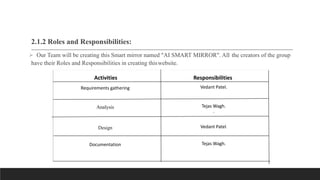 2.1.2 Roles and Responsibilities:
 Our Team will be creating this Smart mirror named "AI SMART MIRROR". All the creators of the group
have their Roles and Responsibilities in creating thiswebsite.
mmm
Activities Responsibilities
Requirements gathering Vedant Patel.
Analysis Tejas Wagh.
.
Design Vedant Patel.
Documentation Tejas Wagh.
 