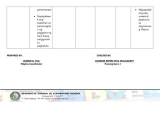 PREPARED BY: CHECKED BY:
JASMIN G. TUA LOURDES ESPERLYN B. MALAZARTE
Filipino Coordinator Punong Guro- I
pamamaraan
.
 Napapalawa
k ang
kaalaman sa
pamamagita
n ng
paggamit ng
iba’t-ibang
sanggunian
sa
pagkatuto.
 Mapapadali
ang pag-
unawa at
pagtuturo
sa
asignaturan
g Filipino.
 