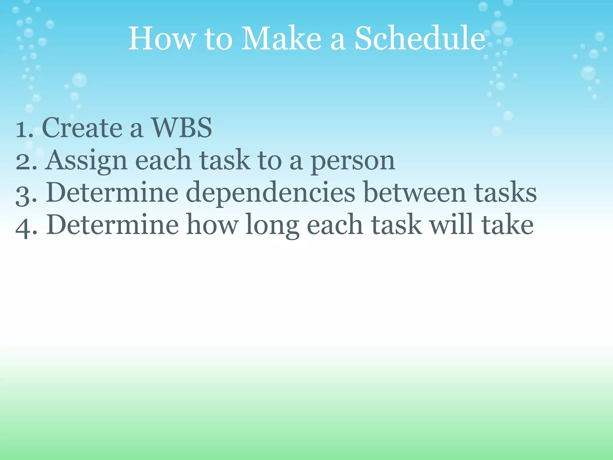 How to Make a Schedule 1. Create a WBS 2. Assign each task to a person 3. Determine dependencies between tasks 4. Determine how long each task will take   