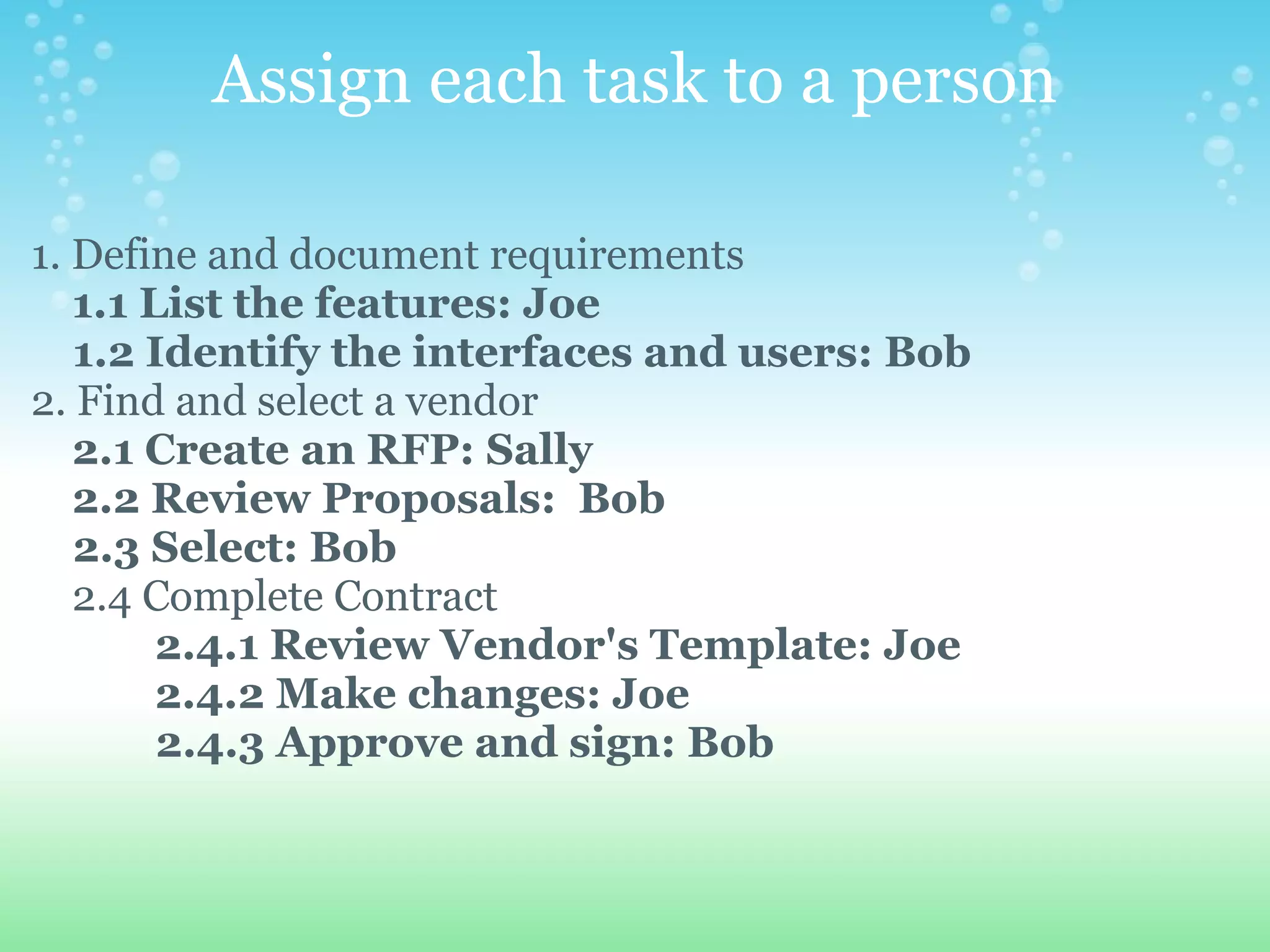 Assign each task to a person 1. Define and document requirements      1.1 List the features: Joe       1.2 Identify the interfaces and users: Bob 2. Find and select a vendor      2.1 Create an RFP: Sally      2.2 Review Proposals:  Bob       2.3 Select: Bob      2.4 Complete Contract               2.4.1 Review Vendor's Template: Joe               2.4.2 Make changes: Joe               2.4.3 Approve and sign: Bob 
