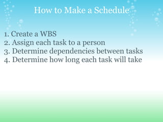 How to Make a Schedule 1. Create a WBS 2. Assign each task to a person 3. Determine dependencies between tasks 4. Determine how long each task will take   