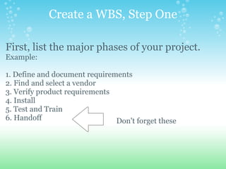 Create a WBS, Step One First, list the major phases of your project.   Example:   1. Define and document requirements 2. Find and select a vendor 3. Verify product requirements 4. Install 5. Test and Train 6. Handoff         Don't forget these 