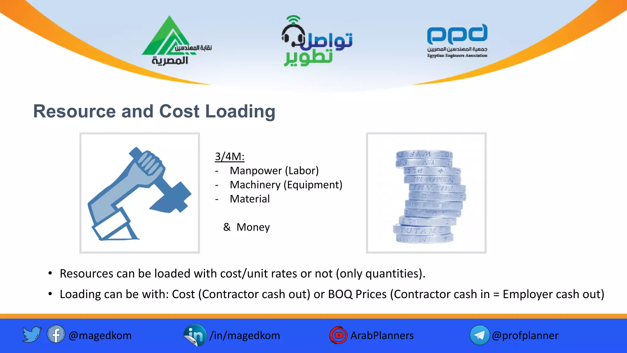 Resource and Cost Loading
• Resources can be loaded with cost/unit rates or not (only quantities).
• Loading can be with: Cost (Contractor cash out) or BOQ Prices (Contractor cash in = Employer cash out)
3/4M:
- Manpower (Labor)
- Machinery (Equipment)
- Material
& Money
@magedkom /in/magedkom ArabPlanners @profplanner
 