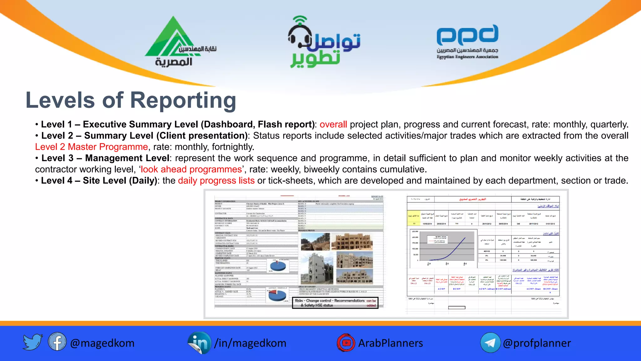 • Level 1 – Executive Summary Level (Dashboard, Flash report): overall project plan, progress and current forecast, rate: monthly, quarterly.
• Level 2 – Summary Level (Client presentation): Status reports include selected activities/major trades which are extracted from the overall
Level 2 Master Programme, rate: monthly, fortnightly.
• Level 3 – Management Level: represent the work sequence and programme, in detail sufficient to plan and monitor weekly activities at the
contractor working level, ‘look ahead programmes’, rate: weekly, biweekly contains cumulative.
• Level 4 – Site Level (Daily): the daily progress lists or tick-sheets, which are developed and maintained by each department, section or trade.
Levels of Reporting
@magedkom /in/magedkom ArabPlanners @profplanner
 