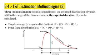 6.4 > T&T: Estimation Methodologies (3)
Three-point estimating (cont.): Depending on the assumed distribution of values
within the range of the three estimates, the expected duration, tE, can be
calculated.
● Simple average (triangular distribution): tE = (tO + tM + tP) / 3
● PERT (beta distribution): tE = (tO + tM*4 + tP) / 6
 