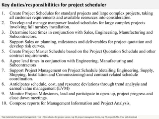 Key duties/responsibilities for project scheduler 
1. Create Project Schedules for standard projects and large complex projects, taking 
all customer requirements and available resources into consideration. 
2. Develop and manage manpower loaded schedules for large complex projects 
involving full turnkey installation. 
3. Determine lead times in conjunction with Sales, Engineering, Manufacturing and 
Subcontractors. 
4. Support Sales on planning, milestones and deliverables for project quotation and 
develop risk curves. 
5. Create Project Master Schedule based on the Project Quotation Schedule and other 
contract requirements. 
6. Agree lead times in conjunction with Engineering, Manufacturing and 
Subcontractors 
7. Support Project Management on Project Schedule (detailing Engineering, Supply, 
Shipping, Installation and Commissioning) and contract related schedule 
coordination. 
8. Anticipates schedule, cost, and resource deviations through trend analysis and 
earned value management (EVM) 
9. Monitor Project Milestones, lead and participate in open-up, project progress and 
close down meetings. 
10. Compose reports for Management Information and Project Analysis. 
Top materials for project management: Top 12 free ebooks for project career, top 84 project managment forms, top 70 project KPIs . Free pdf download 
 