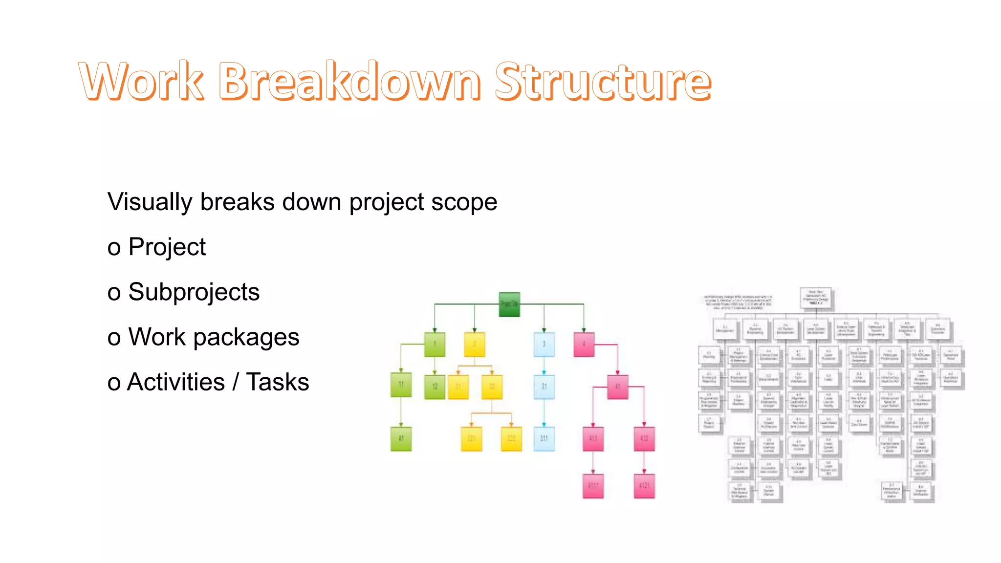 Visually breaks down project scope
o Project
o Subprojects
o Work packages
o Activities / Tasks
 