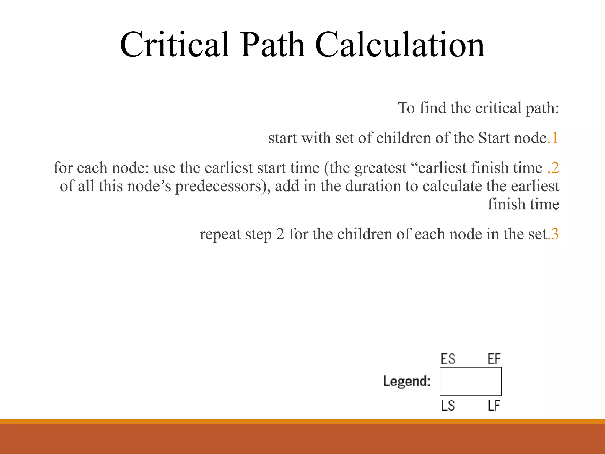Critical Path Calculation
To find the critical path:
.1start with set of children of the Start node
.2for each node: use the earliest start time (the greatest “earliest finish time
of all this node’s predecessors), add in the duration to calculate the earliest
finish time
.3repeat step 2 for the children of each node in the set
 