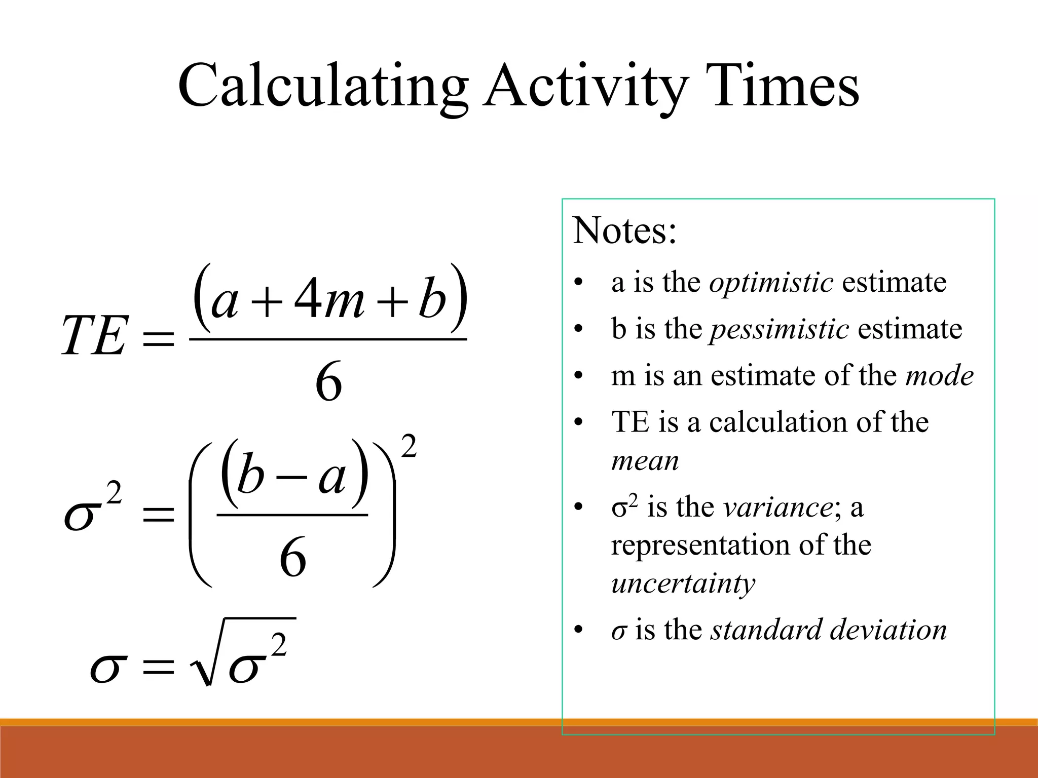 Calculating Activity Times
Notes:
• a is the optimistic estimate
• b is the pessimistic estimate
• m is an estimate of the mode
• TE is a calculation of the
mean
• σ2 is the variance; a
representation of the
uncertainty
• σ is the standard deviation
 
 
2
2
2
6
6
4








 



ab
bma
TE
 