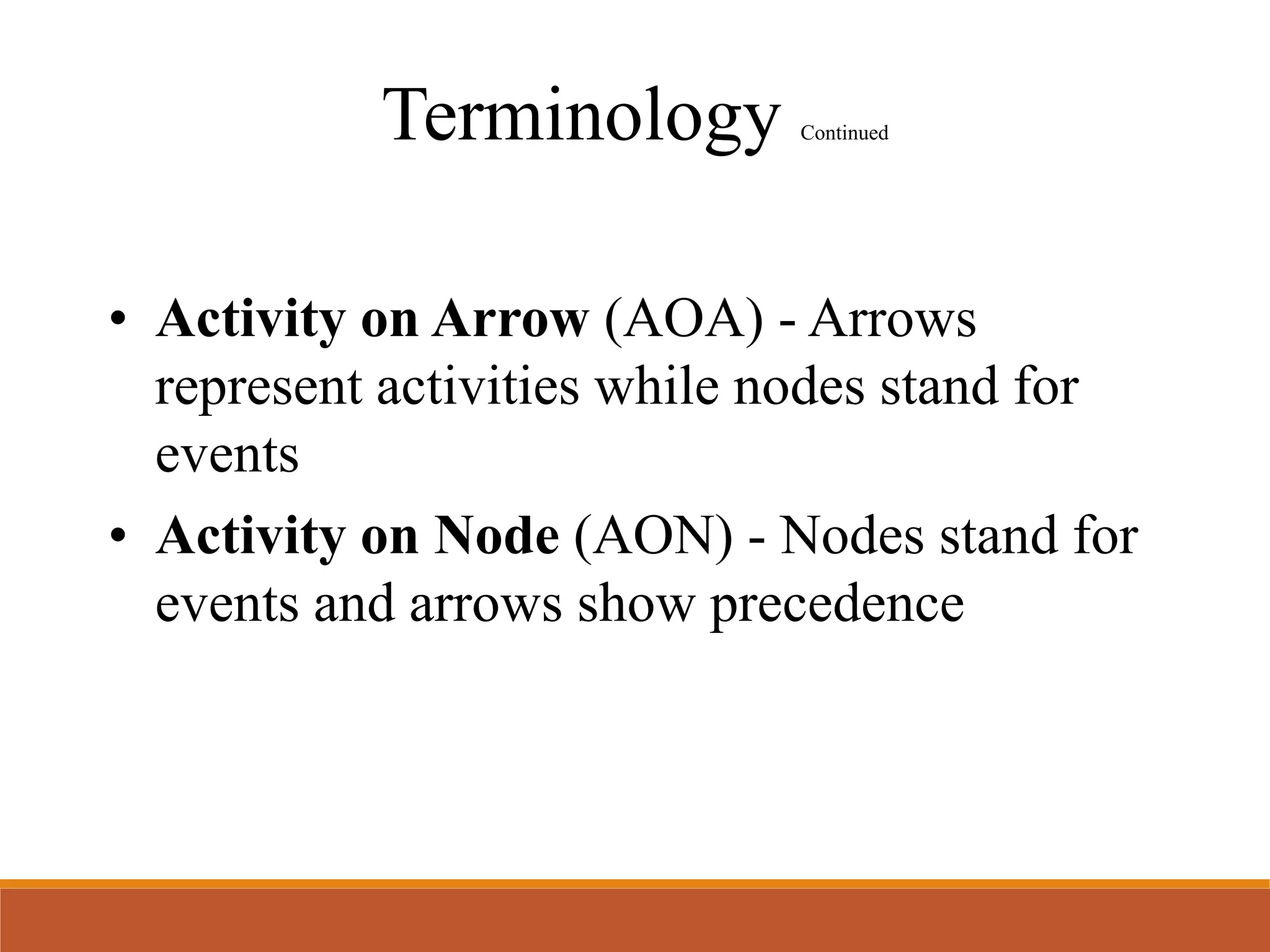 Terminology Continued
• Activity on Arrow (AOA) - Arrows
represent activities while nodes stand for
events
• Activity on Node (AON) - Nodes stand for
events and arrows show precedence
 