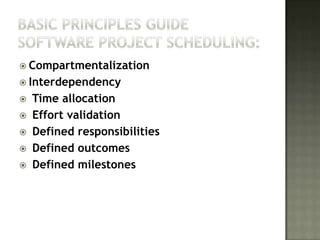  Compartmentalization
 Interdependency
   Time allocation
   Effort validation
   Defined responsibilities
   Defined outcomes
   Defined milestones
 