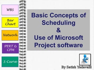 WBS

          Basic Concepts of
  Bar
 Chart       Scheduling
                  &
Network
           Use of Microsoft
PERT &     Project software
 CPM


S-Curve
 