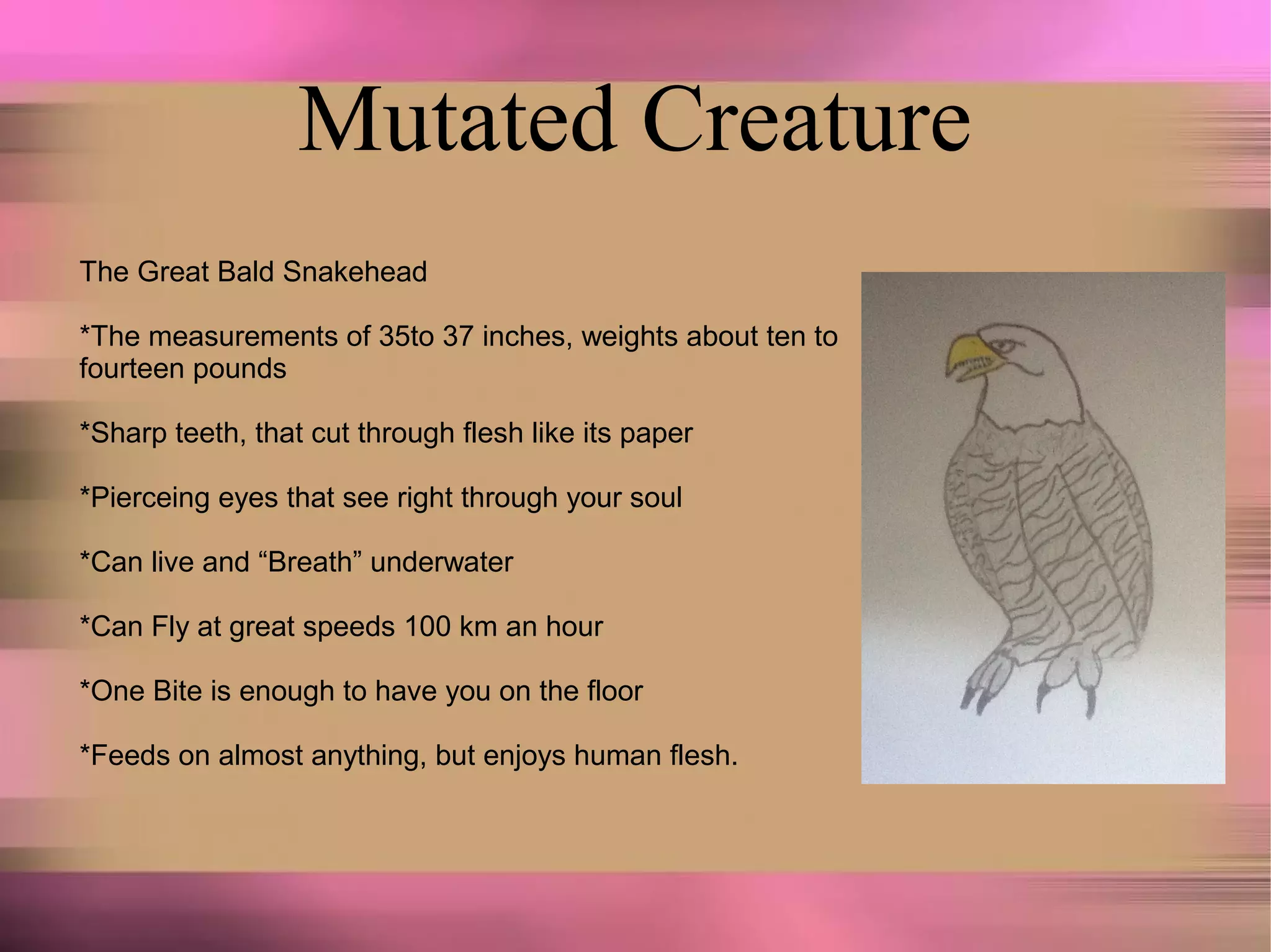 Mutated Creature
The Great Bald Snakehead
*The measurements of 35to 37 inches, weights about ten to
fourteen pounds
*Sharp teeth, that cut through flesh like its paper
*Pierceing eyes that see right through your soul
*Can live and “Breath” underwater
*Can Fly at great speeds 100 km an hour
*One Bite is enough to have you on the floor
*Feeds on almost anything, but enjoys human flesh.
 