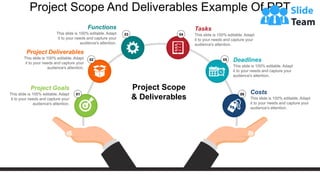Project Scope And Deliverables Example Of PPT
Project Scope
& Deliverables
Project Goals
This slide is 100% editable. Adapt
it to your needs and capture your
audience's attention.
Project Deliverables
This slide is 100% editable. Adapt
it to your needs and capture your
audience's attention.
Functions
This slide is 100% editable. Adapt
it to your needs and capture your
audience's attention.
Tasks
This slide is 100% editable. Adapt
it to your needs and capture your
audience's attention.
Deadlines
This slide is 100% editable. Adapt
it to your needs and capture your
audience's attention.
Costs
This slide is 100% editable. Adapt
it to your needs and capture your
audience's attention.
02
03 04
05
01 06
 