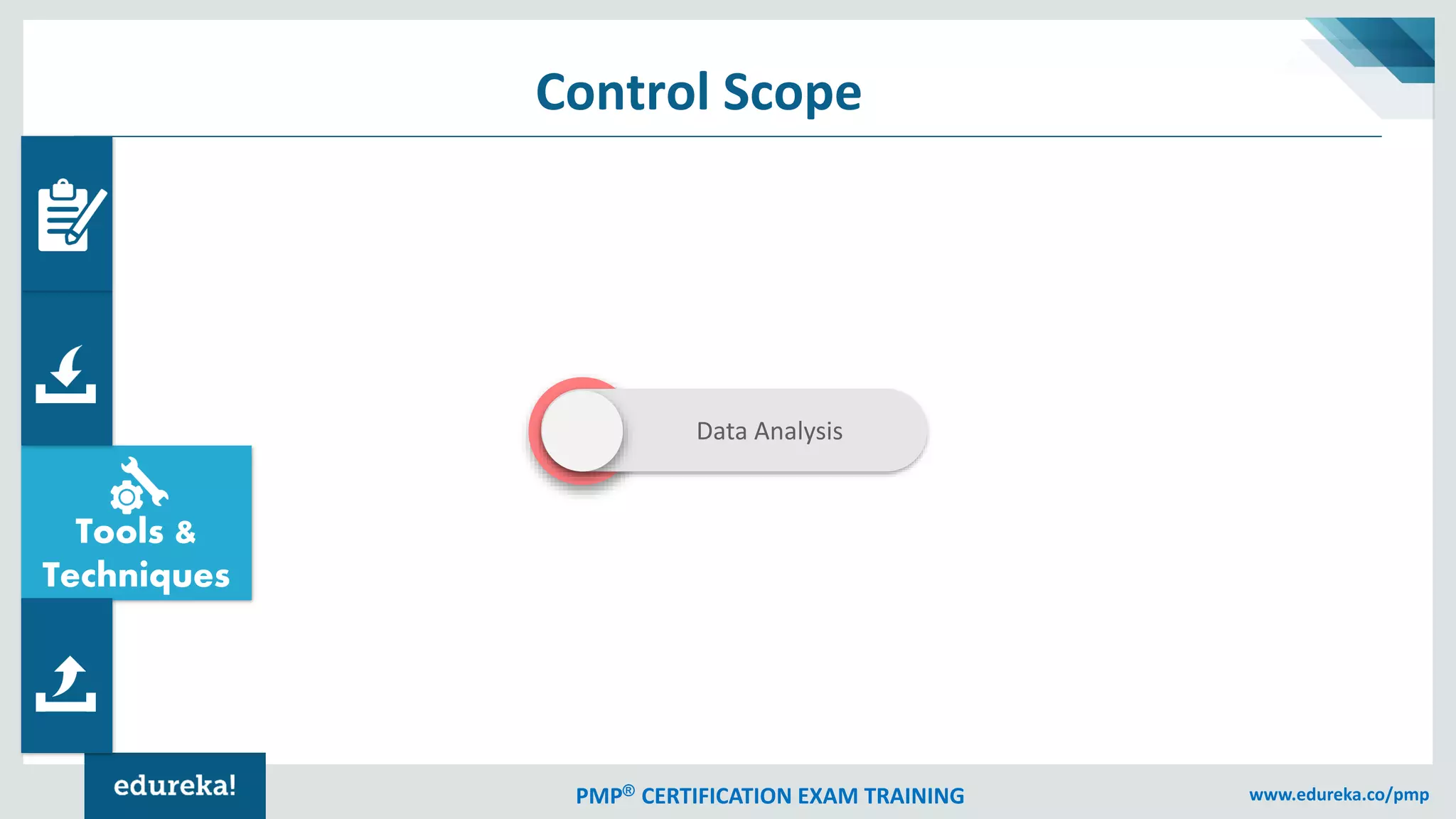 PMP® CERTIFICATION EXAM TRAINING www.edureka.co/pmp
Tools &
Techniques
Data Analysis
Control Scope
 
