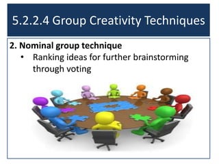 2. Nominal group technique
• Ranking ideas for further brainstorming
through voting
5.2.2.4 Group Creativity Techniques
 