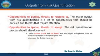 Outputs from Risk Quantification
• Opportunities to pursue, threats to respond to. The major output
from risk quantificati...