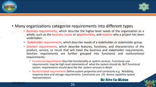 • Many organizations categorize requirements into different types
• Business requirements, which describe the higher-level...