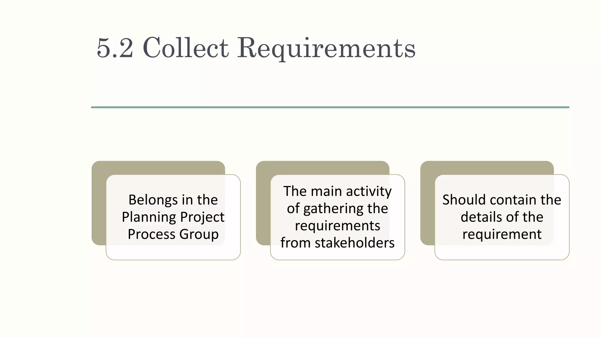 5.2 Collect Requirements
Belongs in the
Planning Project
Process Group
The main activity
of gathering the
requirements
from stakeholders
Should contain the
details of the
requirement
 