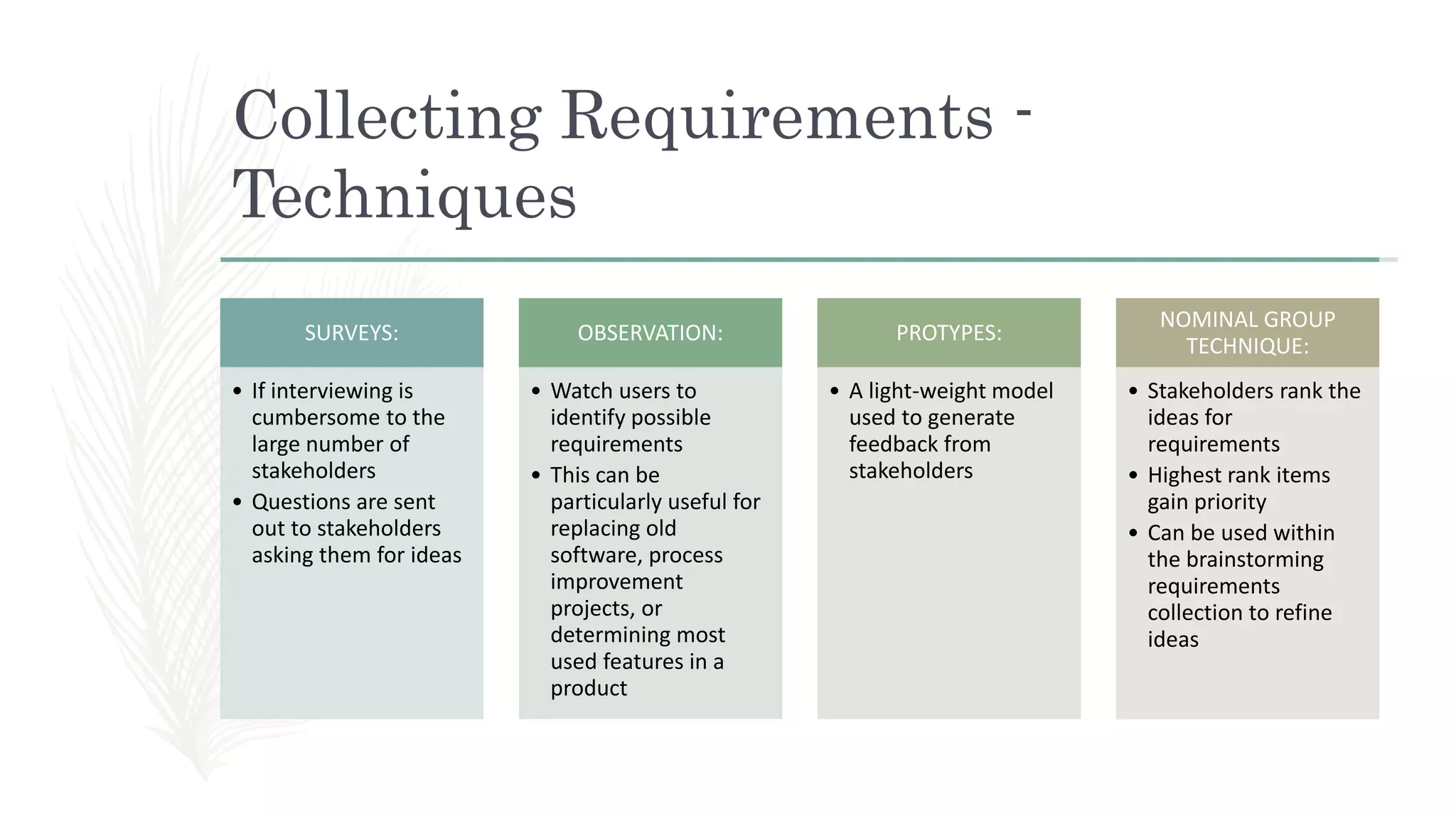 Collecting Requirements -
Techniques
SURVEYS:
• If interviewing is
cumbersome to the
large number of
stakeholders
• Questions are sent
out to stakeholders
asking them for ideas
OBSERVATION:
• Watch users to
identify possible
requirements
• This can be
particularly useful for
replacing old
software, process
improvement
projects, or
determining most
used features in a
product
PROTYPES:
• A light-weight model
used to generate
feedback from
stakeholders
NOMINAL GROUP
TECHNIQUE:
• Stakeholders rank the
ideas for
requirements
• Highest rank items
gain priority
• Can be used within
the brainstorming
requirements
collection to refine
ideas
 