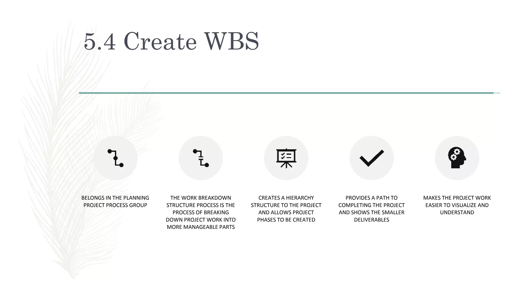 5.4 Create WBS
BELONGS IN THE PLANNING
PROJECT PROCESS GROUP
THE WORK BREAKDOWN
STRUCTURE PROCESS IS THE
PROCESS OF BREAKING
DOWN PROJECT WORK INTO
MORE MANAGEABLE PARTS
CREATES A HIERARCHY
STRUCTURE TO THE PROJECT
AND ALLOWS PROJECT
PHASES TO BE CREATED
PROVIDES A PATH TO
COMPLETING THE PROJECT
AND SHOWS THE SMALLER
DELIVERABLES
MAKES THE PROJECT WORK
EASIER TO VISUALIZE AND
UNDERSTAND
 