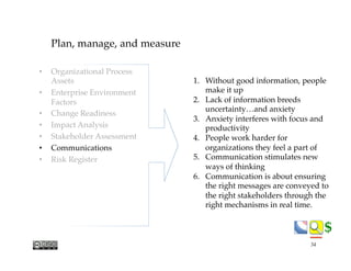 $$
1.  Without good information, people
make it up
2.  Lack of information breeds
uncertainty…and anxiety
3.  Anxiety interferes with focus and
productivity
4.  People work harder for
organizations they feel a part of
5.  Communication stimulates new
ways of thinking
6.  Communication is about ensuring
the right messages are conveyed to
the right stakeholders through the
right mechanisms in real time.
•  Organizational Process
Assets
•  Enterprise Environment
Factors
•  Change Readiness
•  Impact Analysis
•  Stakeholder Assessment
•  Communications
•  Risk Register
Plan, manage, and measure
34
 