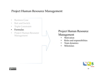 $$
Project Human Resource
Management
•  Motivation
•  Roles and responsibilities
•  Team dynamics
•  Milestones
56
•  Business Case
•  Bait and Switch
•  Triple Constraint
•  Formulas
•  Project Human Resource"
Management
Project Human Resource Management
 