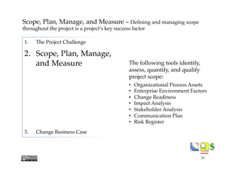 $$
The following tools identify,
assess, quantify, and qualify
project scope:
•  Organizational Process Assets
•  Enterprise Environment Factors
•  Change Readiness
•  Impact Analysis
•  Stakeholder Analysis
•  Communication Plan
•  Risk Register
1.  The Project Challenge
2.  Scope, Plan, Manage,
and Measure
3.  Change Business Case
Scope, Plan, Manage, and Measure – Deﬁning and managing scope
throughout the project is a project’s key success factor
10
 