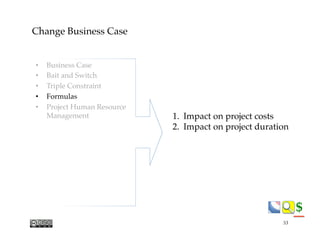 $$
Change Business Case
1.  Impact on project costs
2.  Impact on project duration
•  Business Case
•  Bait and Switch
•  ...