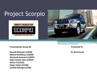 Project Scorpio
Presented By: Group A8 Presented To:
Gourab Mahajan (12018) Dr. M.R.Suresh
Mohan Karthikeya (12028)
Shashank Goswami (12045)
Robin Kumar Sahu (12097)
Akilan P (12123)
Pappu Yadav (12166)
Sarthak Rohatgi (12182)
 