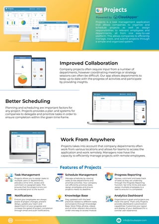 Projects
Powered by
Projects is a task management application
that allows companies to organize and
schedule projects as well as assign
responsibilities to relevant employees and
departments, all from one easy-to-use
platform. This allows companies to efﬁciently
manage, track, and submit projects through
a simple and organized system.
Improved Collaboration
Company projects often require input from a number of
departments, however coordinating meetings or strategy
sessions can often be difﬁcult. Our app allows departments to
keep up to date with the progress of activities and participate
by providing insights.
Better Scheduling
Planning and scheduling are important factors for
any project. Projects provides a plan and systems for
companies to delegate and prioritize tasks in order to
ensure completion within the given time frame.
Work From Anywhere
Projects takes into account that company departments often
work from various locations and allows for teams to access the
application and work remotely. Managers now have the
capacity to efﬁciently manage projects with remote employees.
www.cloudapper.com info@cloudapper.com
Features of Projects
Task Management
Projects allows you to assign tasks to
multiple users or departments,
allocate a time limit, review and
comment on assigned tasks. This
ensures that the project errors can
be corrected prior to the launch
Notiﬁcations
Ensure your employees are always
aware of project changes, prevent
delays, update your team and
department on your progress and
increase the speed of project completion
through email and push notiﬁcations. 
Schedule Management
Manage schedules by viewing
tasks across departments and
prioritize activities. Your company
can efﬁciently prioritize tasks,
assign employees and ensure
projects meets its deadline.
Knowledge Base
Stay updated with the best
practices related to different tasks
and projects through Knowledge
Base. Store FAQs, photos, videos
and all other relevant documents
under one easy to access module.
Progress Reporting
Review, comment and keep track
of tasks as they are underway
through the Progress Reporting
function. Set time limits and even
assign multiple employees to a
task to ensure it is completed.
Analytics Dashboard
Organization's goals and projects are
never the same. That's why Projects
provides dashboard customization
capabilities. Customize your layout
and display of your dashboard for a
concise user experience.
 