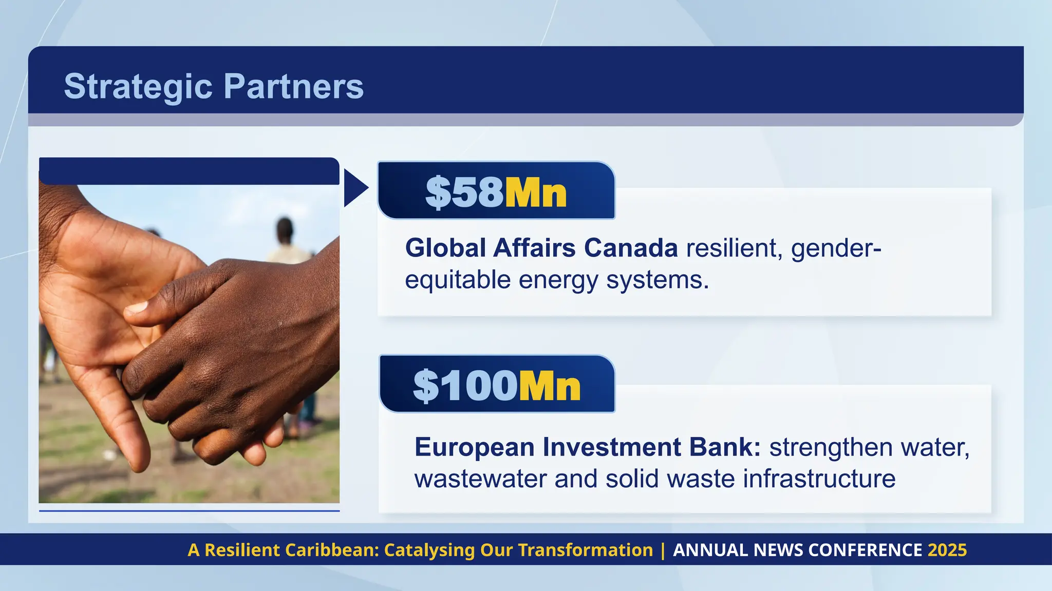 Strategic Partners
A Resilient Caribbean: Catalysing Our Transformation | ANNUAL NEWS CONFERENCE 2025
$58Mn
$100Mn
Global Affairs Canada resilient, gender-
equitable energy systems.
European Investment Bank: strengthen water,
wastewater and solid waste infrastructure
 
