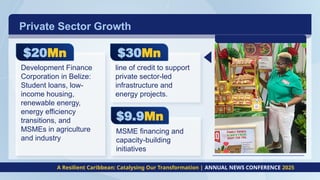 Private Sector Growth
A Resilient Caribbean: Catalysing Our Transformation | ANNUAL NEWS CONFERENCE 2025
$20Mn
Development Finance
Corporation in Belize:
Student loans, low-
income housing,
renewable energy,
energy efficiency
transitions, and
MSMEs in agriculture
and industry
$30Mn
line of credit to support
private sector-led
infrastructure and
energy projects.
MSME financing and
capacity-building
initiatives
$9.9Mn
 
