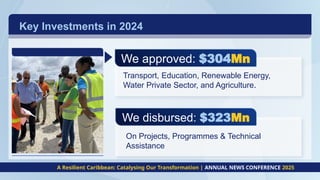 Key Investments in 2024
A Resilient Caribbean: Catalysing Our Transformation | ANNUAL NEWS CONFERENCE 2025
We approved: $304Mn
We disbursed: $323Mn
Transport, Education, Renewable Energy,
Water Private Sector, and Agriculture.
On Projects, Programmes & Technical
Assistance
 