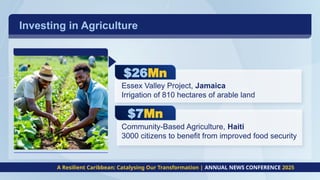 Investing in Agriculture
A Resilient Caribbean: Catalysing Our Transformation | ANNUAL NEWS CONFERENCE 2025
$26Mn
Essex Valley Project, Jamaica
Irrigation of 810 hectares of arable land
$7Mn
Community-Based Agriculture, Haiti
3000 citizens to benefit from improved food security
 
