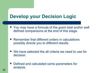 Develop your Decision Logic

        You may have a formula of the grant total and/or well
         defined comparisons at the end of this stage.

        Remember that different orders in calculations
         possibly directs you to different results.

        We have selected the all criteria we need to use for
         decision.

        Defined and calculated some parameters for
         analysis.
29
 
